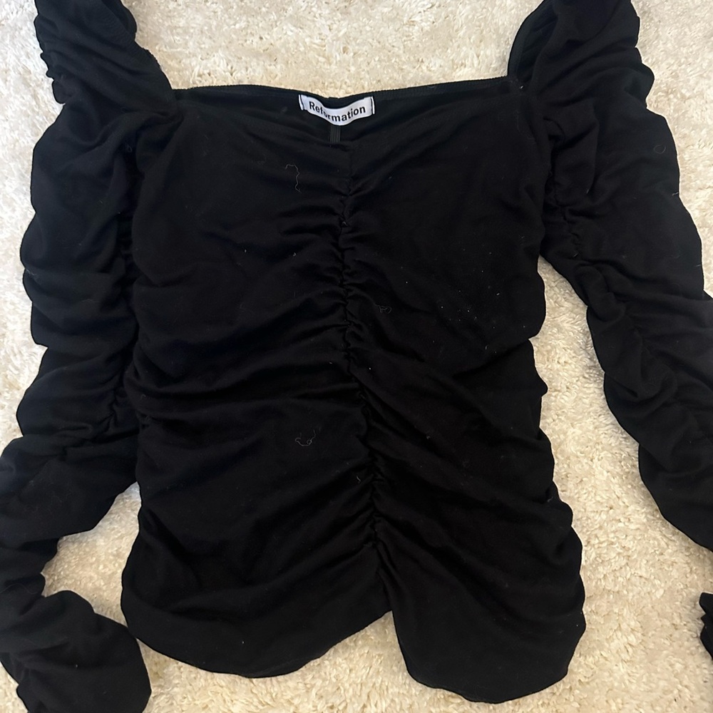 Reformation Elegant Black Ruched Blouse